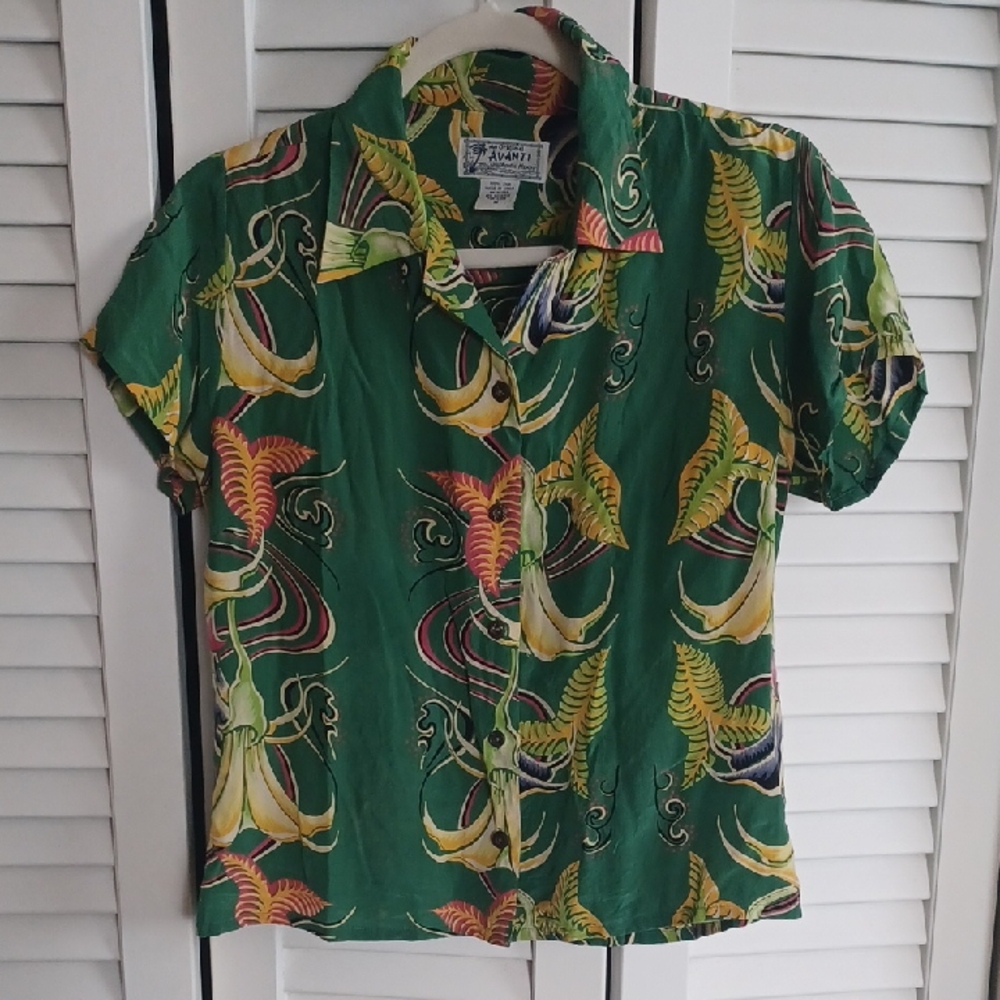 Vintage Silk Hawaiian Green Tropical Print Blouse Rockabilly